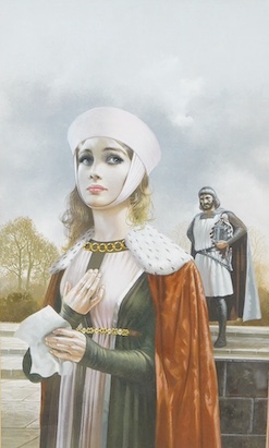 Contemporary School, Medieval maiden before a knight, unsigned, gouache, 46 x 27cm